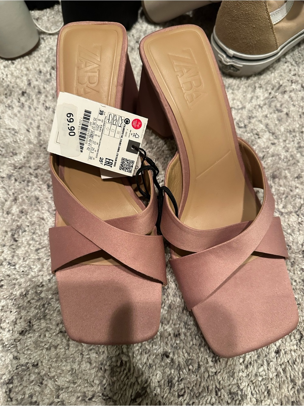 Zara Dusky Pink Satin Crisscross Block Heel Mules